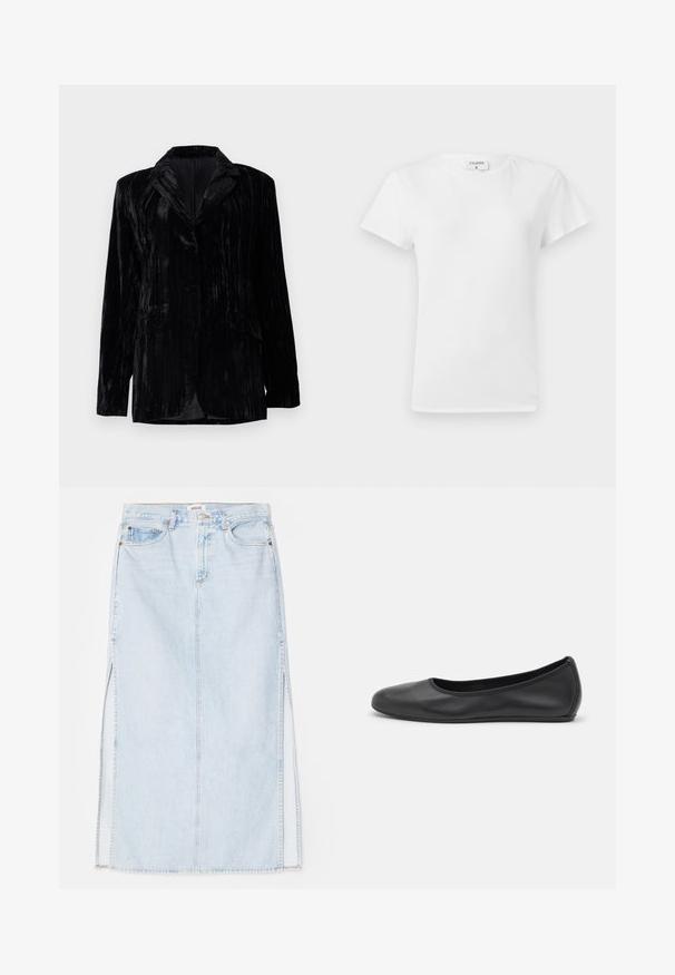 Mustaprayokangas takki, jossa on pystysuuntainen kankaan tekstuuri, idylliset kaulukset, kaksi etutaskua ja yksi nappikiinnitys. Muotoiltu istuvuus.; Valkoinen puuvillapaita, jossa on pyöreä kaula-aukko ja lyhyet hihat, rento malli ja minimalinen muotoilu. Tuotetunnus näkyvissä kaulassa.; Vaaleansininen farkkumaxi-hame, jossa on suora leikkaus, sivuaukot ja viisitaskumallinen muotoilu. Korostetut saumat ja metallinappikiinnitys.; Musta nahkainen ballerina, jossa on pyöristetty kärki, sileä pinta, minimaalinen ommelkoristelu ja joustava pohjamuotoilu.