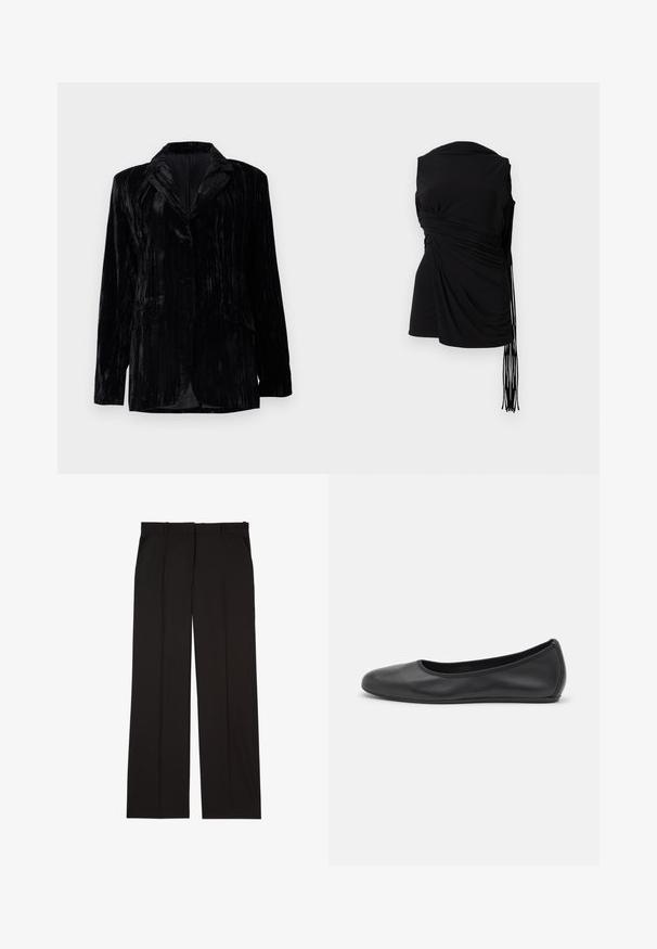 Black velvet jacket with vertical stripe texture, notch lapels, two front pockets, and a single button closure. Tailored fit.; Black sleeveless top with draped fabric, side gathering, and elongated fringe detail, featuring a smooth texture and a fitted silhouette.; Black tailored trousers made of a smooth fabric, featuring a straight-leg design, and two side pockets. Elegant and minimalistic construction.; Black leather ballet flat with a rounded toe, smooth texture, minimal stitching detail, and a flexible sole design.