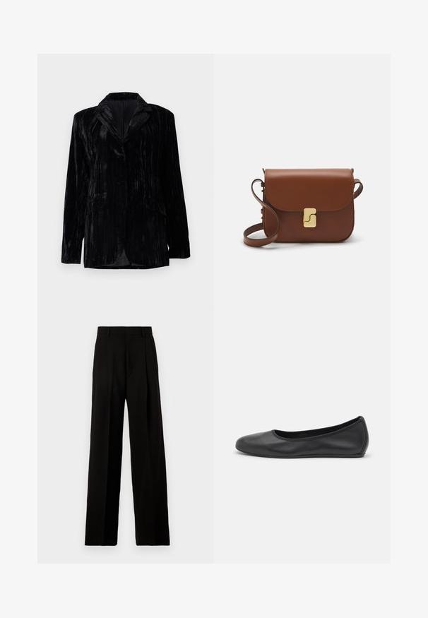 Fekete bársonykabát függőleges csíkozott textúrával, nyakkivágással, két elülső zsebével és egy gombos zárással. Testre szabott fazon.; Fehér, rövid ujjú póló ribbed anyagból. Kerek nyakkivágás, normál szabás és diszkrét varrási részletek. Nincsenek minták vagy grafikák.; Fekete, bő szárú nadrág sima anyagból, magas derékkal, elülső redőkkel és letisztult, szabott kialakítással, díszítés nélkül.; Fekete bőr balettcipő lekerekített orral, sima tekstúrával, minimális varrással és rugalmas talp kialakítással.; Barna bőr kézitáska, hajtókás zárással, arany színű fém kiegészítőkkel, vállpánttal és sima felülettel. Kompakt téglalap alakú.