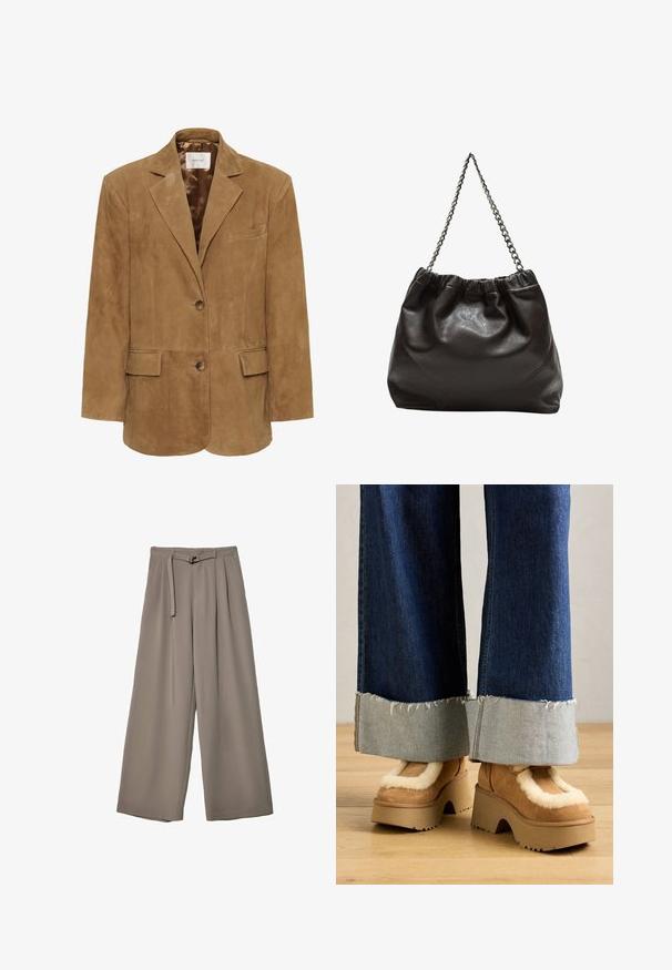 Blazer en daim brun avec un col à revers, fermeture à un bouton, deux poches à l'avant et une silhouette épurée. Doublure intérieure lisse.; Pull couleur crème avec une finition texturée, encolure et ourlet côtelés, et manches raglan. Confectionné dans un matériau doux et chaud.; Pantalons évasés en tissu gris doux et muted, avec une taille ceinturée et des plis pour un détail de design supplémentaire. Texture lisse, sans motifs.; Bottes à plateforme en suede marron avec doublure en fausse fourrure crème, associées à un pantalon en denim à jambes larges avec ourlets effilochés et un poignet en denim plus clair.; Sac en cuir marron avec un haut froncé et une bandoulière en chaîne. Texture lisse avec une finition brillante et des coutures subtiles sur les côtés.