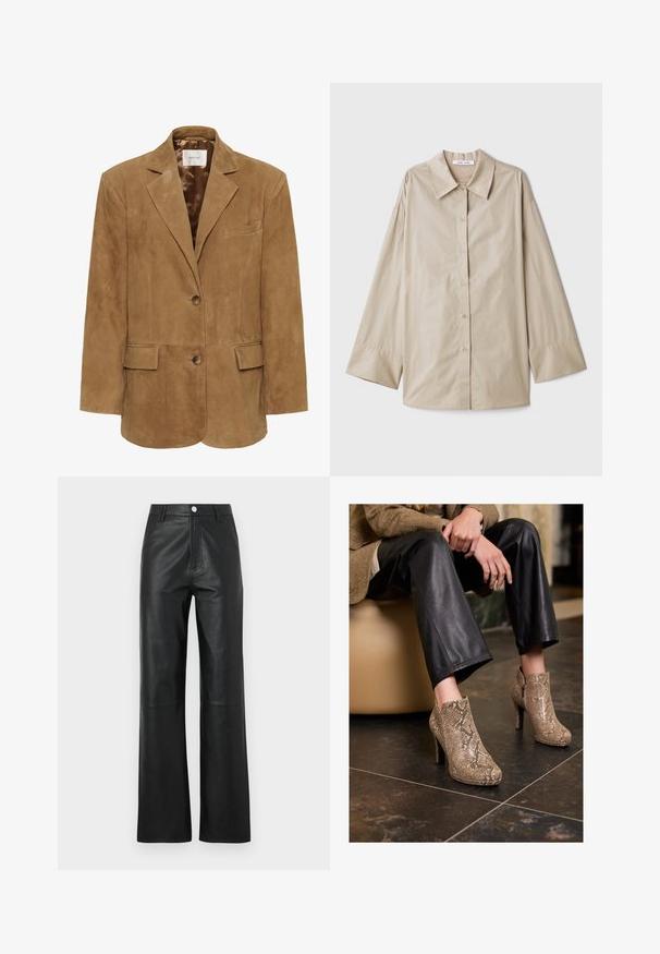 Bruine suède blazer met een notch-kraag, enkele knoopsluiting, twee voorkwasten en een slanke silhouet. Soepele voering aan de binnenzijde.; Beige langmouwen shirt met een grote puntige kraag, knopen aan de voorkant en brede manchetten. Gemaakt van een soepele, lichte stof.; Zwarte leren broek met een gladde textuur, wijde pijpen, sluiting met een voorknoop en subtiele stikdetails.; Persoon in zwarte leren broek en beige slangenleerpatroon hoge hakken enkelschoenen, zittend op een beige stoel binnenshuis.