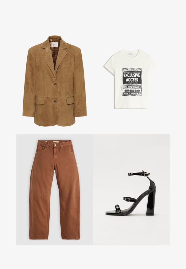 Braune Wildlederblazer mit Reverskragen, einreihiger Knopfverschluss, zwei vorderen Taschen und schlanker Silhouette. Glatte Innenauskleidung.; Weißes T-Shirt mit schwarzem Text zur Bewerbung eines Musikevents, mit den Aufdrucken "Exklusiver Zugang", "Rock Indie Konzerte" und "Superstar Musikerlebnis."; Rostbraune gerade geschnittene Jeans mit Vorder- und Hintertaschen, Metallnieten, Knopfverschluss und Gürtelschlaufen, flach auf einem weißen Hintergrund ausgelegt.; Schwarze patentierte Sandalen mit Absatz, quadratischer Spitze, Knöchelriemen und silbernen Schnallen. Mit einem stabilen Blockabsatz für mehr Stabilität.