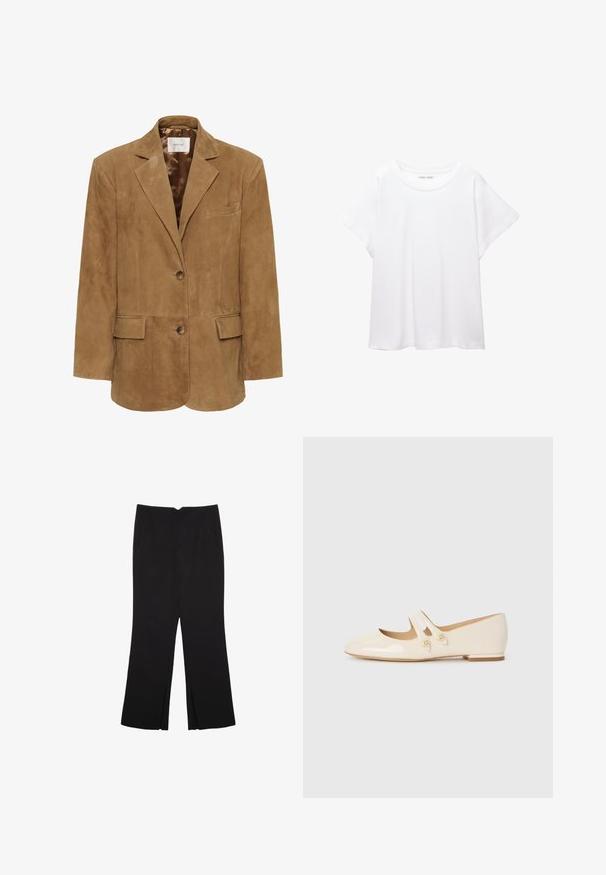 Brown suede blazer with a notched collar, single button closure, two front pockets, and a sleek silhouette. Smooth interior lining.; White T-shirt made of soft, lightweight fabric. Features a round neckline and short, wide sleeves with a relaxed fit. No visible patterns.; Black trousers with a straight fit, featuring front pockets and side slits at the hem. Made of soft, smooth fabric. Suitable for various occasions.; Ivory patent leather ballet flats with two decorative straps and gold buttons, featuring a rounded toe and low block heel.