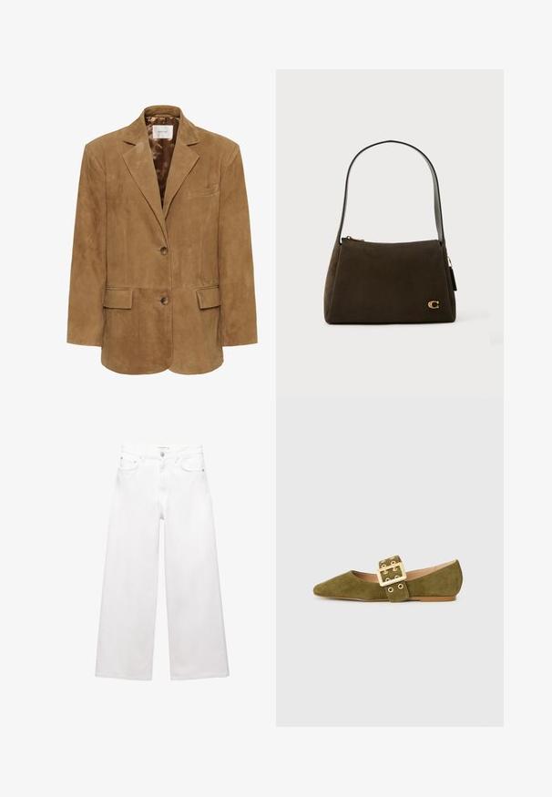 Brown suede blazer with a notched collar, single button closure, two front pockets, and a sleek silhouette. Smooth interior lining.; White short-sleeve T-shirt made of soft cotton, featuring a round neckline and a relaxed fit with rolled hem details. No patterns or accents.; White wide-leg jeans made of cotton, featuring a high waist, five-pocket design, and brass hardware accents. Smooth, non-distressed texture.; Olive green suede flats with a pointed toe, featuring a wide strap and gold buckle detail, and a flat, brown sole.; Dark brown suede shoulder bag with a single strap, rectangular shape, zipper closure, and small gold-tone "C" logo on the front.