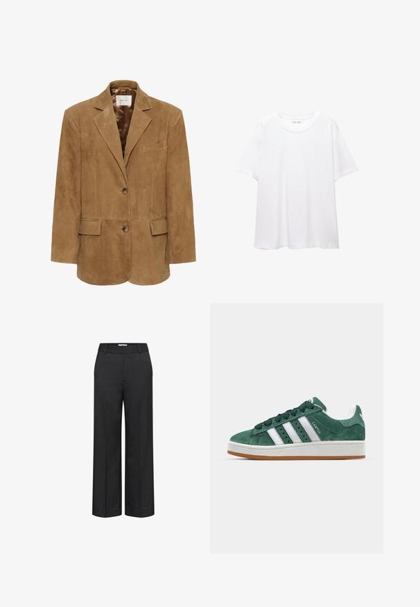 Brown suede blazer with a notched collar, single button closure, two front pockets, and a sleek silhouette. Smooth interior lining.; Plain white t-shirt made of cotton with a round neckline, short sleeves, and a relaxed fit. Smooth texture with no patterns or accents.; Wide-leg trousers in dark gray, made from textured fabric. Features a smooth waistband and front crease for a tailored look.; Green suede sneaker with white leather stripes, rubber sole, padded collar, and minimalistic design. Features branding on the side.