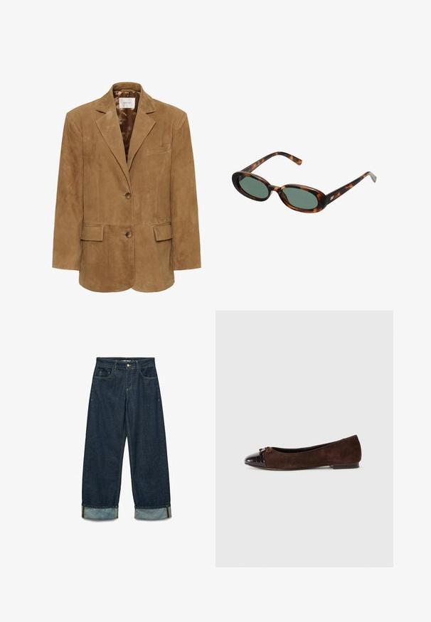 Braune Wildlederblazer mit Reverskragen, einreihiger Knopfverschluss, zwei vorderen Taschen und schlanker Silhouette. Glatte Innenauskleidung.; Braunes, einseitiges Oberteil aus weichem Stoff, mit drapiertem Design, seitlichem Raffung und einem langen Träger, der von der Schulter abläuft.; Dunkelblaue Jeanshose mit lockerer Passform, umgeschlagenen Säumen, fünf Taschen und kontrastierenden Nähdetails.; Braune Wildleder-Balletschuhe mit einer glänzenden dunkelbraunen Lackleder-Zehenkappe und einem kleinen Schleifenakzent vorne. Flacher Absatz.; Schildpatt-Sonnenbrille mit ovalen Rahmen und grünen Gläsern. Verfügt über dünne Bügel mit einem metallischen Akzent in der Nähe der Scharniere.; Tasche aus braunem Wildleder mit zwei langen Griffen, rechteckiger Form und dekorativer Naht. Verfügt über einen seitlichen Riemen und subtile goldene Hardwareakzente.