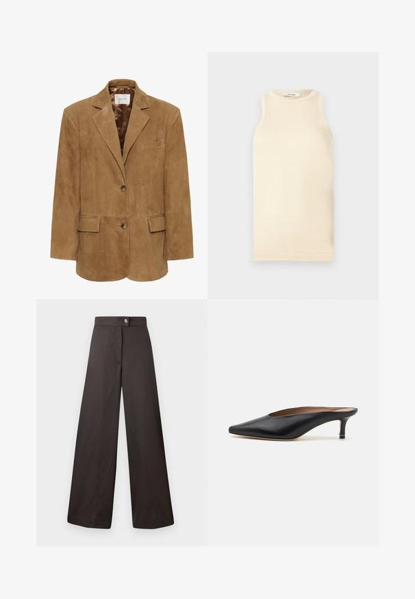 Blazer en daim brun avec un col à revers, fermeture à un bouton, deux poches à l'avant et une silhouette épurée. Doublure intérieure lisse.; Top sans manches en beige clair, en tissu côtelé, avec un col rond et une coupe ajustée. Texture lisse avec des coutures minimales.; Pantalons noirs à jambes larges avec une texture lisse, dotés d'une fermeture à bouton à l'avant et d'un design épuré et simple. Aucune motif ni accent visible.; Mules en cuir noir avec un bout pointu et un petit talon carré. Texture lisse avec un design épuré. Dos ouvert avec un minimum de détails.