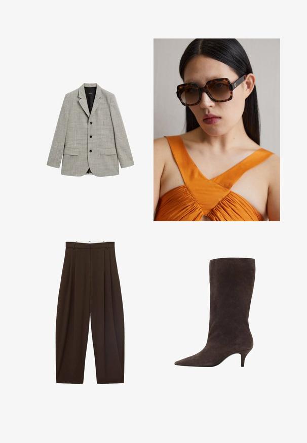 Marynarka w wzór houndstooth w odcieniach szaro-czarnych, jednorzędowa z klapami, na trzy guziki, z dwoma przednimi kieszeniami. Podszewka.; Różowy kardigan z okrągłym dekoltem, długimi rękawami i ściągaczami. Posiada zapięcie na guziki z przodu oraz gładką, dzianinową teksturę.; Biała bluzka z długim rękawem wykonana z gładkiego materiału, z wiązaniem przy szyi i dopasowanymi mankietami. Prosty, klasyczny design bez wzorów.; Brązowe spodnie z wysokim stanem z zakładkami, wykonane z gładkiego materiału. Luźny krój, prosta nogawka, z różkami na pasek i suwakiem.; Brązowy zamszowy botek do kolan z wysmukłym noskiem i średnim obcasem, charakteryzujący się gładką teksturą i eleganckim wzornictwem.; Brązowe okulary przeciwsłoneczne w tortoise shell o dużym prostokątnym oprawie i gradientowych soczewkach. Złota detalacja logo po boku.; Brązowa torebka zamszowa z długim skórzanym paskiem, srebrnymi akcentami, prostokątnym kształtem i płaską klapą z centralnym ozdobnym elementem.