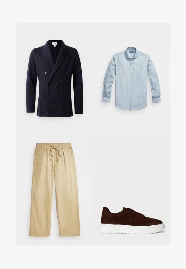 Granatowa, podwójnie zapięta marynarka wykonana z teksturowanej tkaniny, z sześcioma czarnymi guzikami i dwiema przednimi kieszeniami. Model z kołnierzem szalowym.; Jasnoniebieska koszula button-up w teksturowanym wzorze, z długimi rękawami i klasycznym kołnierzykiem. Białe guziki i zaokrąglony dół. Wykonana z mieszanki bawełny.; Beżowe spodnie dresowe ze sznurkiem w pasie, szerokie nogawki, dwie boczne kieszenie i przeszycia na dole. Miękki, lekki materiał.; Ciemnobrązowe zamszowe sneakersy z białą grubą podeszwą, zapinane na sznurówki, z dyskretnym logo Polo z boku, widok z zewnątrz.