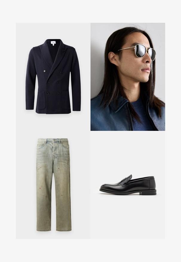 Sötétkék, dupla soros zakó texturált anyagból, hat fekete gombbal és két elülső zsebbel. Sálgallér megjelenés.; Hosszú ujjú fehér ing, pamutból készült, gombos gallérral, elülső zsebbel és normál szabással. Texturált anyag, sima felülettel.; Fakó zöld, kopott farmerszadrág, egyenes lábbal, ötk zsebes kialakítással, egyenetlen kopással és festékcseppekkel.; Fekete bőr loaferek sima textúrával, kerek orral és dekoratív pánttal a vampnál. Alacsony, rétegelt sarkú, minimalista dizájn.; Fém napszemüveg, tükröződő lencsékkel, pilóta forma, ezüst kerettel és részletezéssel a templomon. Kék pulóverrel és kabáttal viselve.