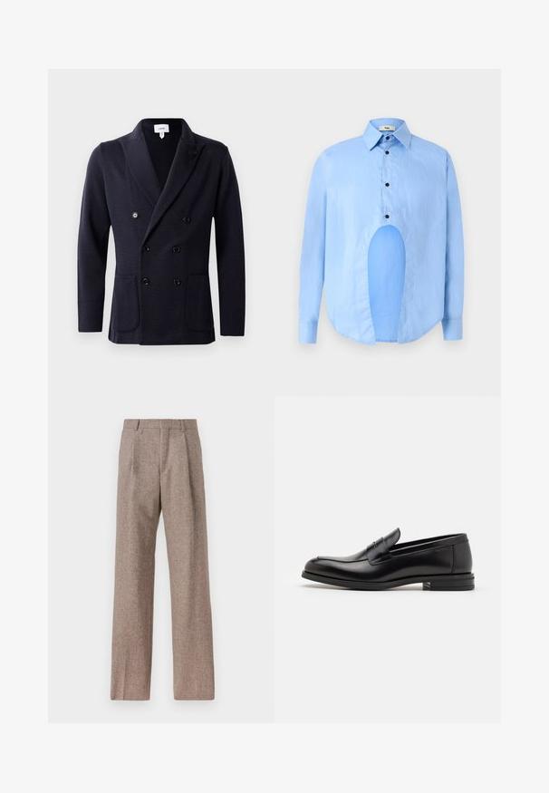 Sötétkék, dupla soros zakó texturált anyagból, hat fekete gombbal és két elülső zsebbel. Sálgallér megjelenés.; Világoskék, hosszú ujjú ing, hegyes gallérral, fekete gombokkal, és egyedi kivágással elöl, amely különleges dizájnt kölcsönöz.; Barna, magas derekú nadrág texturált anyagból. Széles szárai és két elülső redője biztosítja a struktúrát. Ízléses kivitel, látható fémszerelés nélkül.; Fekete bőr loaferek sima textúrával, kerek orral és dekoratív pánttal a vampnál. Alacsony, rétegelt sarkú, minimalista dizájn.