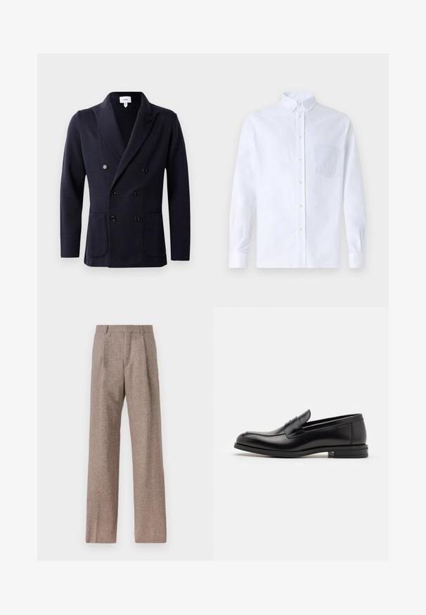 Navy double-breasted jacket made from textured fabric, featuring six black buttons and two front pockets. Shawl collar design.; White long-sleeve button-up shirt made of cotton, featuring a chest pocket with tonal embroidery, a collar, and button cuffs.; Brown, high-waisted trousers made of textured fabric. Features wide legs and two front pleats for structure. Neat finish with no visible hardware.; Black leather loafers with a smooth texture, rounded toe, and a decorative strap across the vamp. Low stacked heel, minimalist design.