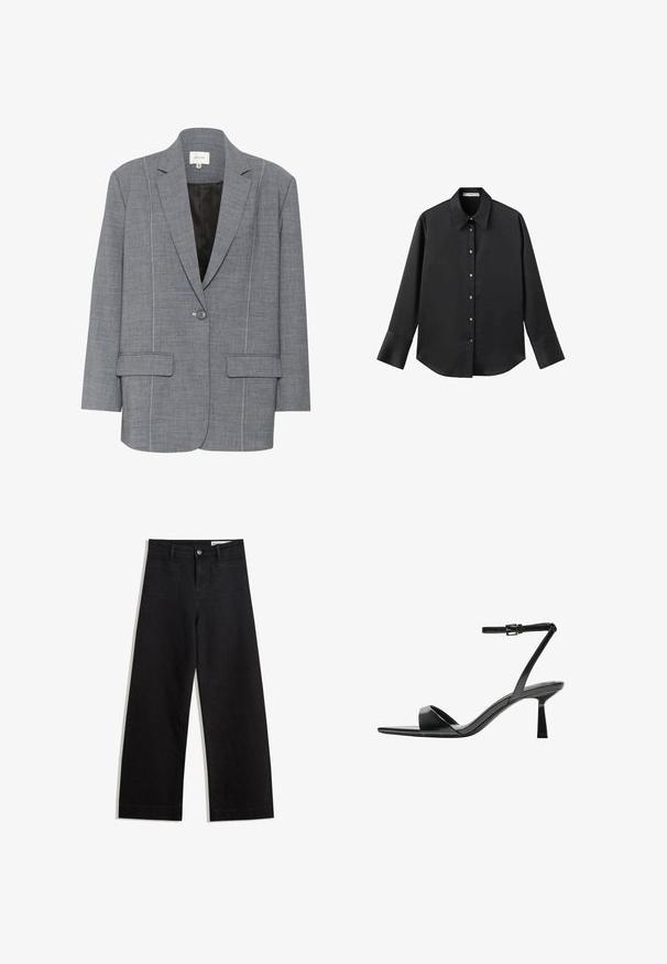 Šedý blazer vyrobený z texturované tkaniny s bílým prošíváním, dvěma předními kapsami a zapínáním na jeden knoflík. Podšitý černou podšívkou.; Černá dlouhá rukávová košile z hladkého materiálu, s klasickým límečkem, předním zapínáním na knoflíky ve zlatém tónu a širokými manžetami.; Černé denimové kalhoty s volným střihem a vysokým pasem, vybavené předními a zadními kapsami, prošívanými švy a knoflíkovým zapínáním. Hladká textura.; Bershka Sandály na vysokém podpatku - black