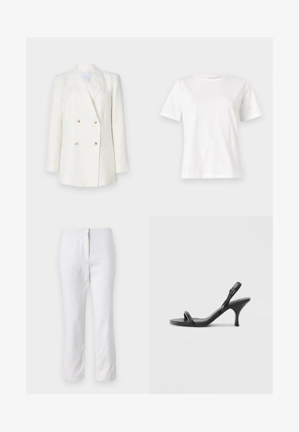 Blazer blanco de doble botonadura con solapas de picos, que cuenta con cuatro botones beige, dos bolsillos frontales y un ajuste limpio y entallado.; Camiseta de algodón blanca de manga corta, con cuello redondo y un corte relajado. Textura suave, sin patrones ni acentos, diseño minimalista.; Pantalones de algodón blancos con un diseño de pierna recta, que cuentan con una cintura de media altura y sin herrajes o patrones visibles. Textura suave en todo su recorrido.; Sandalias de tacón alto de cuero negro con un tacón delgado y curvado y un diseño de tiras cruzadas. Correa para el tobillo ajustable. Textura suave.