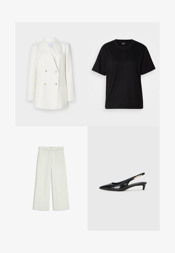 Dubbelzijdige witte blazer met puntrevers, voorzien van vier beige knopen, twee voorzakken en een strakke, op maat gemaakte pasvorm.; Zwarte katoenen t-shirt met een ronde hals, korte mouwen en een geborduurd logo op de borst. Eenvoudige, comfortabele pasvorm zonder patronen.; Wijde broek in licht crèmekleurige stof, met zijzakken, een platte voorkant en een enkele knoopsluiting bij de taille. Glad van textuur.; Zwarte leren slingback hakken met een spitse neus, voorzien van een slanke hak en een goudkleurige accent op de verstelbare band. Gladde textuur.