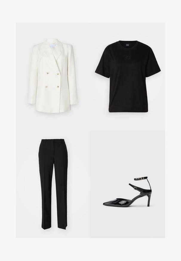 Divkārša balta žakete ar izceltām atloks, kurai ir četri beidzīgi pogas, divas priekšējās kabatas un sakārtots griezums.; Melna kokvilnas T-krekls ar apaļu izgriezumu, īsām piedurknēm un izšūtu logotipu uz krūtīm. Vienkāršs, brīvs piegriezums bez rakstiem.; Melnas pielāgotas bikses ar taisnu kāju dizainu, kas raksturojas ar gludu faktūru un asiem krokām pa priekšu. Nav redzamu metāla detaļu.; Melnas lakuotas ādas apavus ar smailu purngalu, regulējamiem potīšu siksniņām un šahtu papēdi. Gluda tekstūra ar spīdīgu apdari.