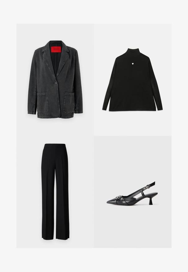 Blazer de denim preto com lapela com recorte, fecho de botão único, dois bolsos frontais e um rótulo de marca vermelho no interior. Tecido texturizado.; Pulôver preto de gola alta com mangas longas, apresentando um pequeno emblema de coração branco no peito. Tecido suave e corte descontraído.; Calças largas pretas com uma textura suave, apresentando uma cintura alta e pregas centrais. Sem padrões visíveis ou detalhes em metal.; Sapato slingback em couro preto com biqueira fina, tiras decorativas com ilhós de metal e um pequeno salto quadrado. Superfície texturizada.
