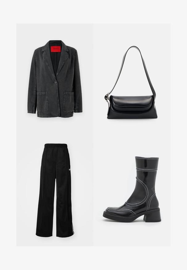 Melna džinsu žakete ar ieliekto apkakli, vienu pogu, divām priekšējām kabatām un sarkanu zīmola etiķeti iekšpusē. Ar teksturētu audumu.; Tumši zaļš krekliņš ar garām piedurknēm un apaļu kakla izgriezumu, ar teksturētu adījumu, ar ribotiem piedurkņu galiem, apakšmalu un kakla izgriezumu, novietots uz balta fona.; Melnas platajās sporta bikses ar elastīgu vidukli, ar baltām sānu svītrām un mazu logo kreisajā gurnā. Gluda auduma tekstūra.; Melna lakota ādas anklets ar baltiem šuvumiem, noapaļota purngala un kvadrāta papēža. Iezīmes izliekti dizaina līnijas un gluda struktūra.; Melnas ādas rokassoma ar strukturētu formu, gludu tekstūru un vienu plecu siksnu. Raksturīga diskreta, noapaļota vāka dizains.