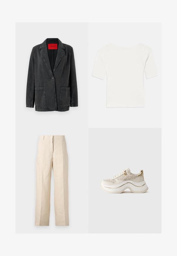 Čierny denimový blejzer s vystrihnutým límcom, s jedným gombíkom na zapínanie, dvoma prednými vreckami a červenou značkovou etiketou vo vnútri. Textúrovaná tkanina.; Biely rebrovaný krátky rukáv s širokým výstrihom. Textúra má vertikálne pruhy, čo zvýrazňuje priliehavý strih a jednoduchý dizajn.; Béžové ľanové nohavice vo voľnom strihu, s plisovaným predným dielom a rovnými nohavicami. Majú pás s pútkami na opasok a bez viditeľných vreciek.; Béžové a zlaté platformové tenisky s vzorom "MK", šnurovacie predné, zlatý prívesok a hrubá vlnitá podrážka na čistom pozadí.
