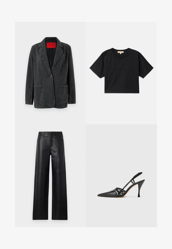 Blazer de mezclilla negra con solapa de muesca, cierre de un solo botón, dos bolsillos delanteros y una etiqueta de marca roja en el interior. Tejido texturizado.; Camiseta corta negra de algodón. Presenta cuello redondo y mangas cortas. "MICHAEL KORS" bordado en color a juego en la parte frontal.; Pantalones de cuero negro de pierna ancha con una textura suave, que cuentan con bolsillos frontales, cierre de botón y sutiles detalles de costura.; Zapato de tacón alto de charol negro con punta afilada, diseño de tiras entrecruzadas y tacón de aguja delgado. Textura suave y acentos mínimos.