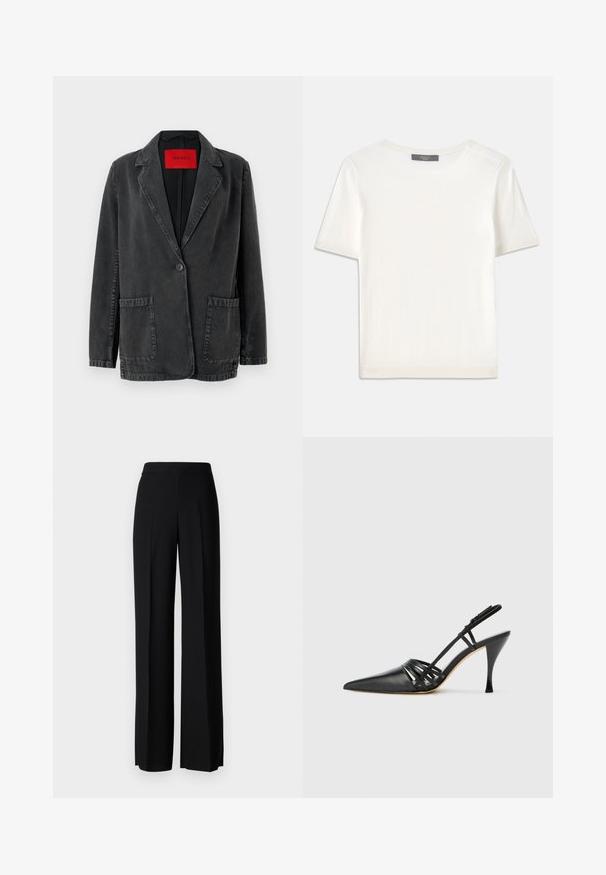 Musta farkkutakkia, jossa on tervehdyslapa, yksittäinen napin sulkeminen, kaksi etutaskua ja punainen brändilabel sisäpuolella. Teksturoitu kangas.; Valkoinen lyhythihainen neulepaita, jossa on pyöreä kaula-aukko. Paidan pinnassa on sileä rakenne ja hihansuissa sekä helmassa hienostuneet ribbineulekoristeet.; Mustat leveälahkeiset housut, joissa on sileä pinta, korkea vyötärö ja keskiset laskokset. Ei näkyviä kuvioita tai metalliosia.; Mustat nahkakengät, joissa on korkea kantalukko, terävä kärki, ristikkäin menevät hihnat ja hoikka stiletto-korko. Tasainen pinta ja vähäiset korostukset.