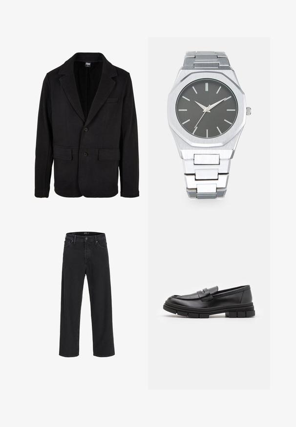 Must puuderdatud must bleiser pehmest kangast, millel on lõigatud krae, kaks eesmist taskut ja kahe nupuga kinnitamine. Klassikaline disain on minimaalsete tekstuuridega.; Redefined Rebel TETON REGULAR FIT - Džemper - black grey; Mustad sirgedega teksapüksid, millel on nööp ja lukuga sulgemine, vöökohaga silmad ning ees- ja tagataskud.; Mustad musta naha sussid sujuva viimistlusega, esiosal rihmaga detail ning paksu kummitaldaga, mis on kaunistatud soontega.; Hõbedane analoogkell, millel on oktagonaalne korpus, hall kelladial, hõbedased näidikud ja roostevabast terasest link-rihm. Minimalistlik disain sujuva tekstuuriga.