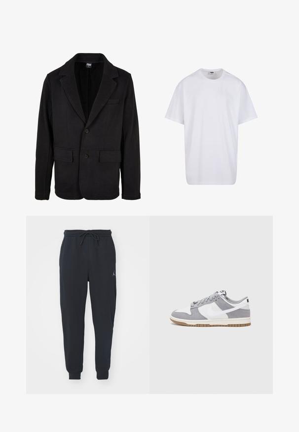 Melnā žakete ar mīkstu audumu, ar izgrieztu apkakli, divām priekšējām kabatām un divu pogu aizdari. Klasisks dizains ar minimālu tekstūru.; Balta kokvilnas T-kreklu ar īsām piedurknēm, apaļu kakla izgriezumu, brīvu piegriezumu un bez redzamām logo vai rakstiem. Gluda tekstūra un minimālistisks dizains.; Melnas sporta bikses, kas izgatavotas no mīkstas auduma, ar elastīgu jostu ar auklu, ribotām piedurknēm un mazu logotipu kreisajā augšstilbā.; Pelēki un balti sporta apavi ar zamšādas un ādas virsu, noapaļota purngala, plakaniem šņorēm un gumijas zoli ar gumijas akcentu.