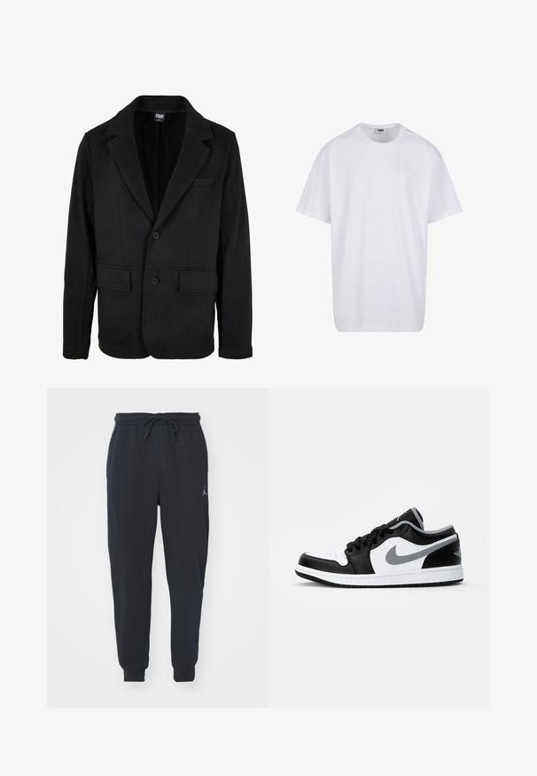 Giacca blazer nera realizzata in tessuto morbido con colletto a punte, due tasche anteriori e chiusura a due bottoni. Il design classico presenta una texture minimal.; Maglietta bianca in cotone con maniche corte, scollatura rotonda, vestibilità comoda e senza loghi o motivi visibili. Texture liscia e design minimale.; Pantaloni jogger neri realizzati in tessuto morbido, dotati di una vita elastica con coulisse, polsini a costine e un piccolo logo sulla coscia sinistra.; Jordan AIR JORDAN 1 LOW - Sneakers basse - black/particle grey-white