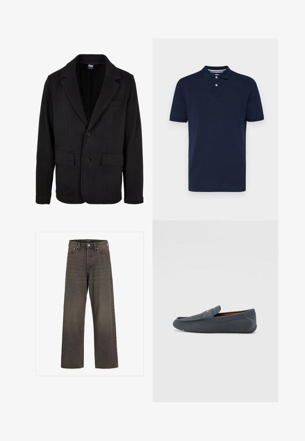 Must puuderdatud must bleiser pehmest kangast, millel on lõigatud krae, kaks eesmist taskut ja kahe nupuga kinnitamine. Klassikaline disain on minimaalsete tekstuuridega.; Tumed sinise lühikese varrukaga polo särk, valmistatud puuvillast, millel on kraega kaelus kolmes nupuga ja peened horisontaalribalised kaeluses.; Laia säärtega sinimustad teksad tumeda halli denimi, kõrge talje, klassikalise viie tasku disaini ning kontrastsete õmblustega õmblustel.; Hallitusestatud perforatsioonidega hallad, millel on libisemisega disain, oranž aktsent, ümardatud varvas ja tekstureeritud kummist välispohjaga.