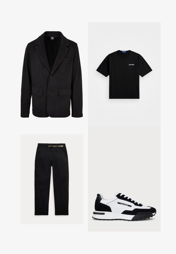 Črn blazer jopič iz mehkega blaga z zareznim ovratnikom, dvema sprednjima žepoma in zapiranjem na dva gumba. Klasična zasnova se ponaša z minimalno teksturo.; Črna bombažna majica s krožnim izrezom in kratkimi rokavi. Na levi strani prsnega dela je belo logo "POLO SPORT". Standardna velikost.; Črne hlače iz lahkega blaga, z elastičnim pasom in vgrajenim zeleni pasom, ravne noge in stranskimi žepi.; Tenisice z zgornjim delom iz črnega usnja in belega usnja, z črnim gumijastim podplatom, belimi vezalkami in logotipom "POLO SPORT" na strani.