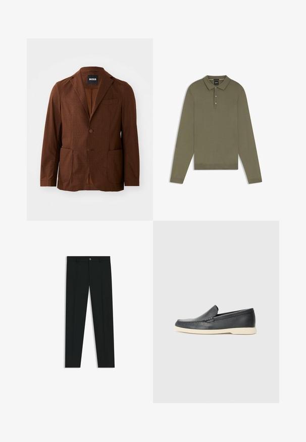 Blazer marrone a fantasia con rever a punta, due tasche frontali e chiusura a un bottone. Realizzato in tessuto testurizzato. Adatto per un abbigliamento casual.; Polo a maniche lunghe verde oliva realizzato in tessuto morbido, con una pattina a tre bottoni, colletto e polsini a coste.; Pantaloni neri in tessuto lisci, con design a gamba dritta. Presentano una chiusura frontale con bottone e passanti per cintura. Senza fantasie.; Mocassini neri in pelle con finitura testurizzata e suola in gomma beige a contrasto. Presentano un accento sottile lungo la parte anteriore.