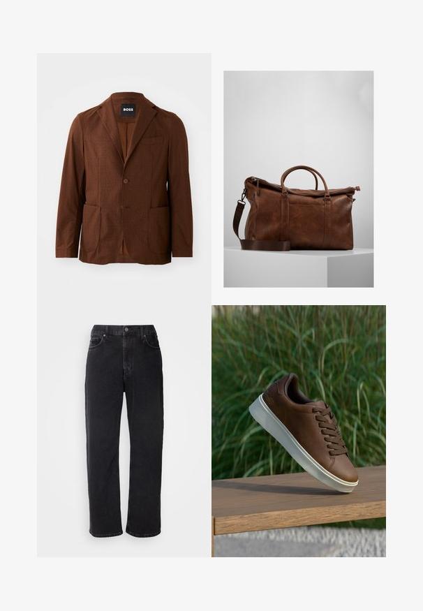 Hnědý vzorovaný blejzr s klopami, dvěma předními kapsami a jednobutton uzávěrem. Vyroben z texturované tkaniny. Vhodný pro neformální nošení.; Černý rolák vyrobený z měkkého materiálu, s dlouhými rukávy a těsným střihem. Hladký lem na spodním okraji a manžetách. Jednoduchý design.; Černé džínové kalhoty s rovný střih, pěti kapsami a kontrastním prošíváním. Mají zapínání na knoflík a poutka na opasek.; Hnědé kožené tenisky s bílou gumovou podrážkou, kulatou špičkou a hnědými tkaničkami. Imitovaný grip na podrážce a hladký povrch na svršku.; Hnědá kožená cestovní taška s uzávěrem na zip, dvojitými uchy, nastavitelným ramenním popruhem a viditelnými textura vzory na povrchu.