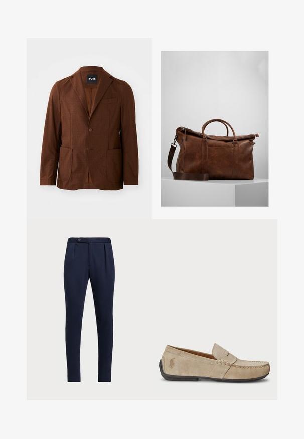 Rudas raštuotas bleiseris su įpjovomis apykaklėmis, dviem priekiniams kišenėmis ir vienu mygtuku. Pagamintas iš tekstūruoto audinio. Tinkamas kasdieniam dėvėjimui.; Šviesiai mėlynas ir baltas dryžuotas marškinių švarkelis su klasikiniu apykaklė, ilgomis rankovėmis ir mažuoju siuvinėtu logotipu ant krūtinės.; Tamsiai mėlynos pritaikytos kelnės su lygia priekine dalimi, dviem priekinių raukšlių ir vienu mygtuko užsegimu, pagamintos iš lygaus, tekstūruoto audinio.; Beige zomšos loaferiai su siuvinėjimo detale, plokščiu guminio pado, ir mažuoju logotipu šone. Klasikinis priglaudimo dizainas, minkšta tekstūra.; Ruda odinė sportinė kuprinė su užtrauktuku, dviem rankenomis, reguliuojamu peties diržu ir matomais tekstūros raštais paviršiuje.