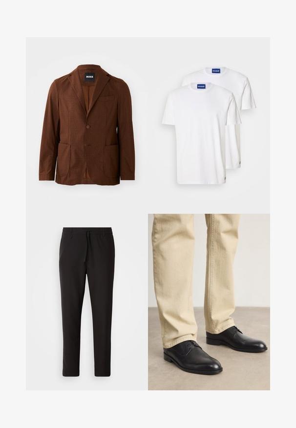 Brūns rakstains žakets ar izgriezumiem, divām priekšējām kabatām un vienu pogu. Izgatavots no teksturēta auduma. Piemērots ikdienas valkāšanai.; Baltas kokvilnas T-kreklos ar apaļu kakla izgriezumu un īsām piedurknēm, uz kuriem uzkrāsoti zili "HUGO" uzlīmes uz kakla un mazi akcenti uz apakšmalas.; Melnas sporta bikses no gludas auduma. Tām ir elastīga josta ar auklu, sašaurinātas kājas un nav redzamu kabatu. Vienkāršs dizains.; Melnas ādas kurpes ar auklēm, ar noapaļotu degunu, gludu apdari un smalkiem šuvēm, valkātas ar gaiši bežām biksēm.