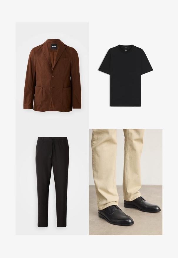 Blazer marrone a fantasia con rever a punta, due tasche frontali e chiusura a un bottone. Realizzato in tessuto testurizzato. Adatto per un abbigliamento casual.; Maglietta nera a maniche corte realizzata in un morbido misto cotone, con scollatura a girocollo e un design minimalista senza motivi o dettagli.; Pantaloni jogger neri realizzati in tessuto liscio. Presentano una vita elasticizzata con stringa, gambe affusolate e senza tasche visibili. Design semplice.; Scarpe stringate in pelle nera con punta arrotondata, finitura liscia e dettagli di cucitura sottili, indossate con pantaloni beige chiaro.