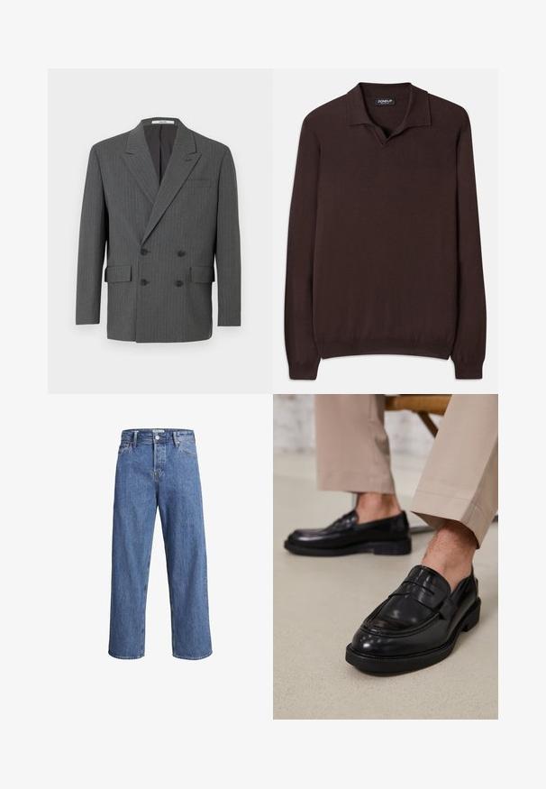 Tumedast hall kahekordne ülikond, millel on nõrgad vertikaalsed triibud, kummalgi poole kolm musta nuppu ja esiflapikotid.; Dondup REGULAR FIT SHIRT - Džemper - cioccolato; Heledad sinine teksapüksid sirge säärega, kõrge taljega ja minimaalse õmblustehnikaga. Kangas on pehme ja kergelt pleekinud tekstuuriga.; Mustad nahast mokassiinid sileda viimistlusega, dekoratiivse rihma ja kontrastõmblustega, koos beežide pükstega.