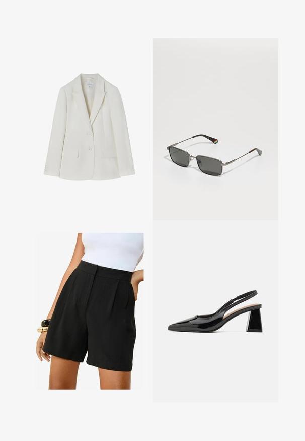 Biely strihový blejzer s klopovým golierom, dvoma prednými vreckami a dvojitým zapínaním. Hladká látka s jemnou textúrou. Veľkosť 36.; Čierno-biela športová bralette s nastaviteľnými ramienkami, priliehavým strihom a krížovým detailom na chrbte. Vyrobená z elastického, textúrovaného materiálu.; Friends Like These REGULAR FIT - TAILORED ELASTIC BACK - Šortky - black; Čierne lakované lodičky so špicatou špičkou, ktoré sú vybavené jedinečným geometrickým blokovým podpätkom a hladkou textúrou. Nastaviteľný remienok na podporu.; Polaroid UNISEX - Slnečné okuliare - matte black