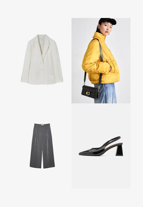 Biely strihový blejzer s klopovým golierom, dvoma prednými vreckami a dvojitým zapínaním. Hladká látka s jemnou textúrou. Veľkosť 36.; Čierno-biela športová bralette s nastaviteľnými ramienkami, priliehavým strihom a krížovým detailom na chrbte. Vyrobená z elastického, textúrovaného materiálu.; Záhybové nohavice s širokými nohavicami v tmavosivej látke s jemnou štruktúrou. Obsahujú zapínanie na gombík a klasický dizajn pásu.; Čierne lakované lodičky so špicatou špičkou, ktoré sú vybavené jedinečným geometrickým blokovým podpätkom a hladkou textúrou. Nastaviteľný remienok na podporu.; Žltá prešívaná bunda s vysokým golierom a prednou vreckom, doplnená čiernou crossbody taškou so zlatým príslušenstvom. Neformálne džínsové nohavice.