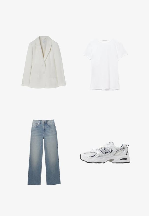 Bela obleka z ovratnikom, z dvema sprednjima žepoma in zapenjanjem na dva gumbka. Gladek material z rahlo teksturo. Velikost 36.; Bela kratka majica s kratkimi rokavi iz gladkega materiala, ki ima okroglo ovratnico in subtilne šive na robu.; Svetlo modri široki jeans iz denima, ki imajo visok pas, sprednje žepke in gumbasto zapiranje. Gladka tekstura s poudarjenimi zbledelimi deli.; Bele športne copate z mrežasto zgornjimi deli, mornarskimi naglasnimi barvami in oblazinjeno podplatom. Vključujejo logotip "N", vezalke in teksturirane detajle na strani.