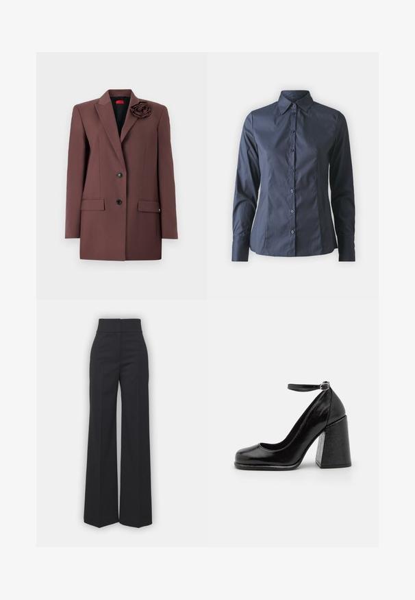 Hnědý blazer se strukturovaným designem, s jedním knoflíkovým zapínáním, předními kapsami a látkovou květinovou dekorací na límci. Hladká textura.; Námořnická modrá košile s dlouhým rukávem, zapínáním na knoflíky, špičatým límcem a přiléhavým střihem. Vyrobeno z hladké, lehké látky.; Kalhoty s širokými nohavicemi z černé tkaniny s vysokým pasem, které mají čistý vzhled a hladkou strukturu. Bez viditelného kování nebo vzorů.; HUGO KIORA - Lodičky na vysokém podpatku - black