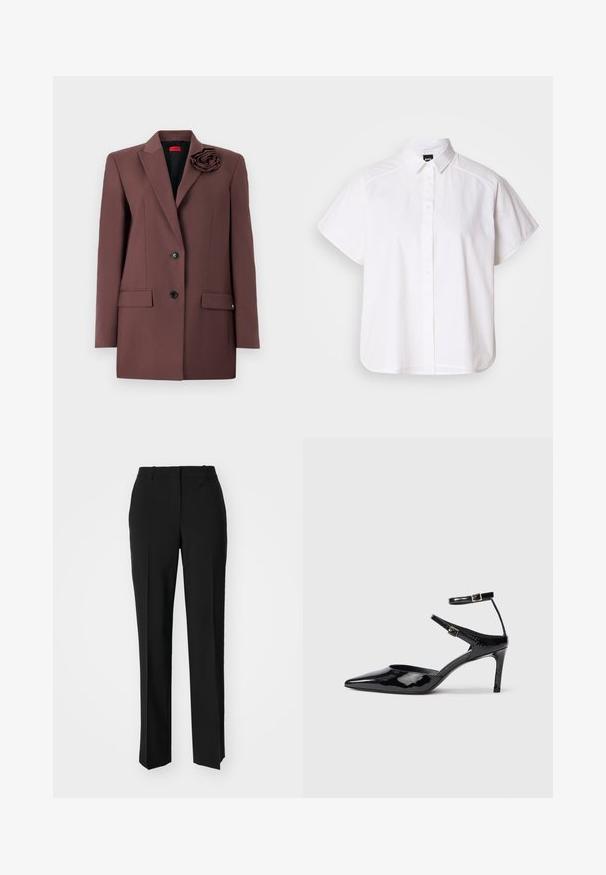 Blazer marrón con un diseño estructurado, cierre de un solo botón, bolsillos frontales y un acento de flor de tela en el cuello. Textura suave.; Camisa blanca de manga corta con botones, cuello con puntas y dobladillo curvado. Fabricada en algodón con una textura suave y sin patrones visibles.; Pantalones negros ajustados con un diseño de pierna recta, que presentan una textura suave y pliegues nítidos en el frente. Sin herrajes visibles.; Tacones de charol negros con puntera puntiaguda, correas ajustables en el tobillo y un tacón delgado. Textura suave con un acabado brillante.