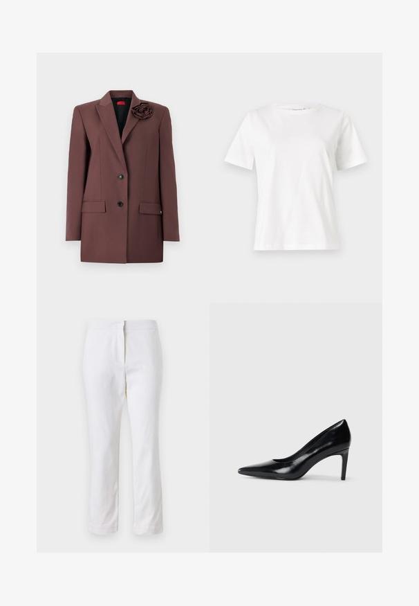 Blazer marron avec un design structuré, fermeture à un bouton, poches avant et un accent de fleur en tissu sur le col. Texture lisse.; T-shirt en coton blanc à manches courtes, col rond et coupe décontractée. Texture lisse, sans motifs ni accents, design minimaliste.; Pantalons en coton blancs avec une coupe droite, dotés d'une taille mi-haute et sans matériel ou motifs visibles. Texture lisse sur l'ensemble.; Chaussure à talon haut en cuir noir avec un bout pointu, texture lisse et un talon effilé. Design minimaliste, sans embellissements supplémentaires.