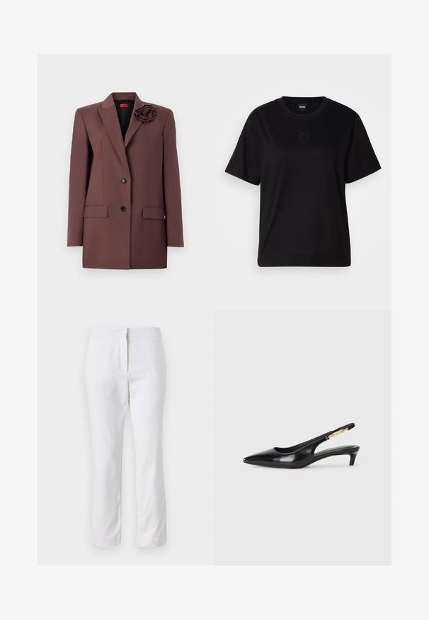 Sacou maro cu un design structurat, închidere cu un singur nasture, buzunare frontale și un accent din material sub formă de floare pe guler. Textură netedă.; T-shirt negru din bumbac, cu guler rotund, mâneci scurte și un logo brodat pe piept. Design simplu, cu o croială relaxată și fără modele.; Pantaloni din bumbac alb, cu un design drept, având talie medie și fără hardware sau modele vizibile. Textură uniformă pe întreaga suprafață.; Sandale slingback din piele neagră cu vârf ascuțit, având un toc subțire și un accent de culoare aurie pe curea ajustabilă. Textură netedă.
