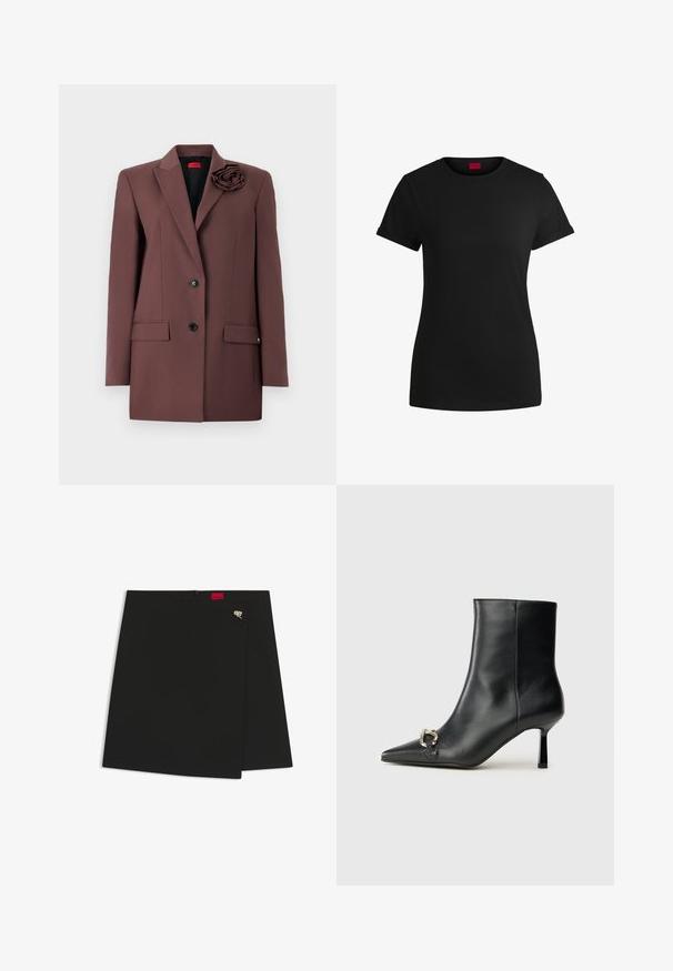 Brown blazer with a structured design, single button closure, front pockets, and a fabric flower accent on the collar. Smooth texture.; Black cotton t-shirt with short rolled sleeves, a round neckline, and a red label. Smooth texture, fitted shape with minimal detailing.; Black wrap skirt with a smooth texture, featuring a red logo tag and a silver hardware accent. Simple design with a clean cut.; Black leather ankle boot with pointed toe, slim mid-height heel, and silver buckle detail on side against plain background.