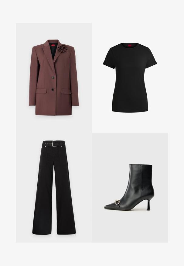 Rjav blejzer s strukturovaným dizajnom, enojnim gumbom za zapiranje, sprednjimi žepi in rožnatim poudarkom iz tkanine na ovratniku. Gladka tekstura.; Črna bombažna majica s kratkimi zavihanimi rokavi, okroglo izrezom in rdečo oznako. Gladka tekstura, prilegan kroj z minimalnimi detajli.; Črne široke hlače iz bombaža, z visokim pasom, velikimi stranskimi žepi in pasom s sponko ter srebrnimi dodatki.; Črne usnjene gležnjarje s koničastim nosom, ozkim srednjem petam in srebrno zaponko na strani na enobarvni podlagi.