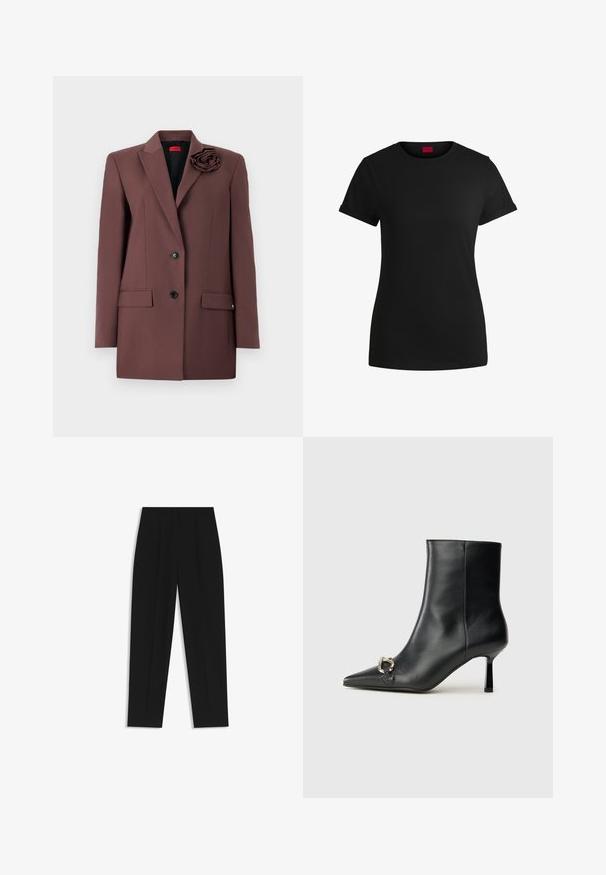 Brown blazer with a structured design, single button closure, front pockets, and a fabric flower accent on the collar. Smooth texture.; Black cotton t-shirt with short rolled sleeves, a round neckline, and a red label. Smooth texture, fitted shape with minimal detailing.; Black trousers with a straight fit, featuring double pleats, a smooth texture, and a classic waistband design. No visible hardware or accents.; Black leather ankle boot with pointed toe, slim mid-height heel, and silver buckle detail on side against plain background.