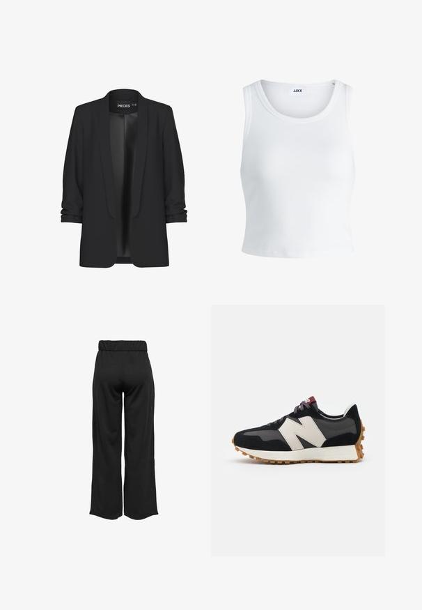 Juodas švarkas su šilkine apykakle, atviru priekiu ir suk Kamais rankovėmis. Lygus audinys su blizgiai glotniu paviršiumi, jokie užsegimai ar detalės nematyti.; Balta raukšlėta tank top marškinėliai su apvaliu iškirpimu, be rankovių dizainu ir trumpa ilgio. Etiketėje parašyta "JJXX." Lygus audinio paviršius.; Juodos, plačios kelnės su elastinga juosta, pagamintos iš lygaus audinio. Pasižymi švariu dizainu, be kišenių ar matomų siūlių detalių.; Juoda ir pilka zomšinė sportinė avalynė su dideliu kreminiu "N" logotipu, violetinėmis raištelėmis ir tekstūruota gumos padu.