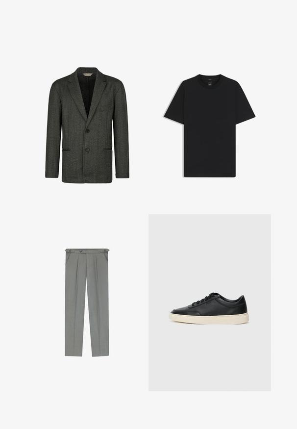 Ciemnoszary blazer w jodełkę wykonany z teksturowanej tkaniny, z klapami w kształcie notched, zapięciem na dwa guziki i przednimi kieszeniami.; Czarny t-shirt krótki rękaw wykonany z gładkiej mieszanki bawełny, z okrągłym dekoltem i minimalistycznym designem bez wzorów czy akcentów.; Jasnoszare dopasowane spodnie z teksturowanym wykończeniem, z plisami, szlufkami na pasek i zapięciem na guzik w talii.; Czarne niskie skórzane sneakersy z czarnymi sznurówkami i off-white podeszwą, prezentowane w profilu bocznym na białym tle.