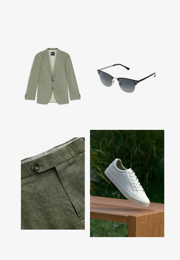Ljusgrön skräddarsydd blazer med spetsiga slag, två framfickor med klaff och två knappar, visad liggande med BOSS-logotypen inuti.; Ljusblå långärmad skjorta med knappar och klassisk krage, rak fåll och subtil textur. Har en central knäppning.; Olivgröna linbyxor med en frontveck, med en knappstängning och en kontrasterande rutigt foder i midjebandet.; Vit snörad sneaker svävande ovanför en träbänk med gröna växter i bakgrunden, som visar skodesign och textur.; Svarta och silverfärgade solglasögon med kattögaform, gradientlinser och metalliska detaljer på ramen. Plastbågar med gråa tippar.