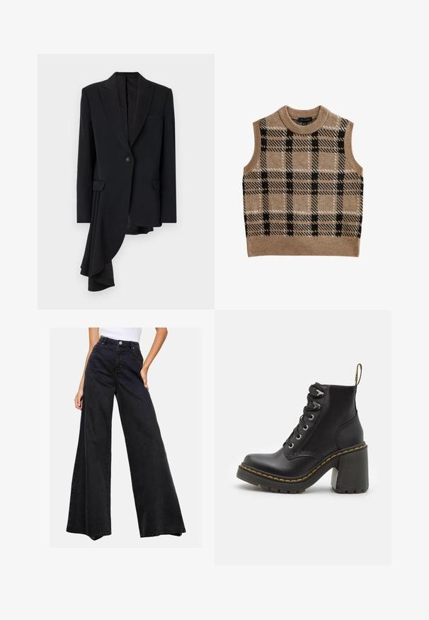 Viktor&Rolf ASYMMETRIC - Blazer - black; Tan knitted vest with a round neck, featuring a black and white check pattern, sleeveless design, and ribbed hem detail.; Black wide-leg jeans made of denim. High waist with a button closure, featuring a clean design and no prominent patterns or accents.; Black leather ankle boot featuring a chunky high heel, lace-up front, metal eyelets, and yellow stitching along the sole. Textured rubber outsole.